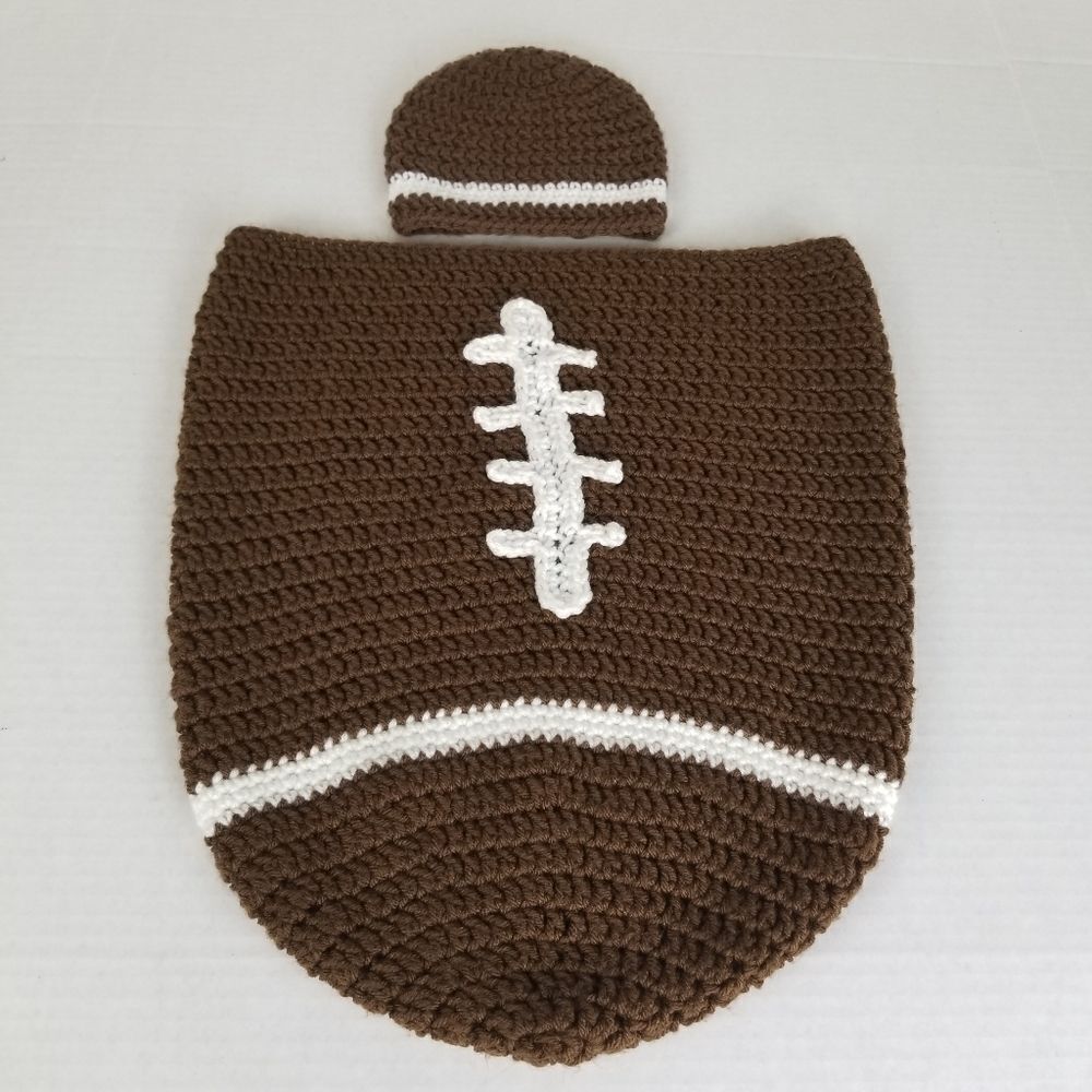Crocheted Brown & White Football‎ Baby Bunting